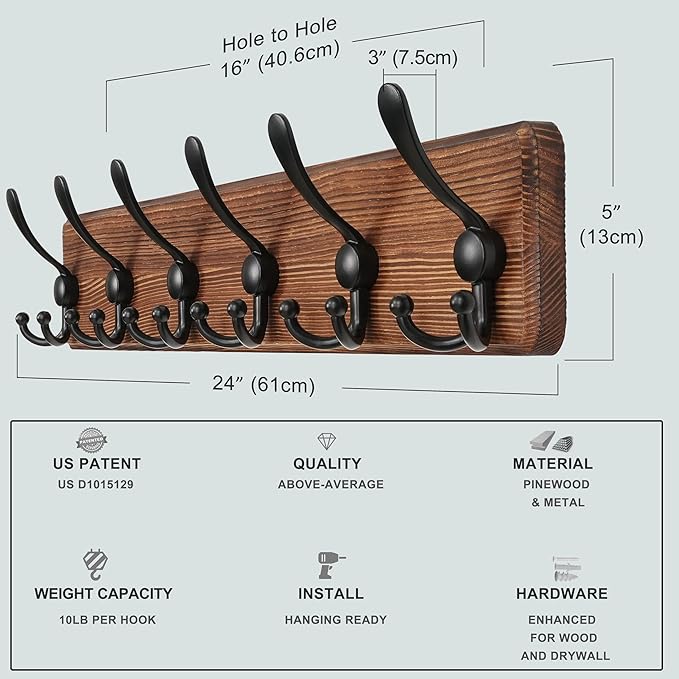 Dseap Coat Rack Wall Mounted - 24" Long 6 Tri Hooks, Heavy Duty Wooden Wall Coat Hanger Coat Hook for Clothes Hat Jacket Clothing, Natural and Black