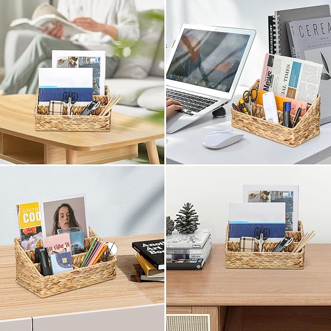 Desk Organizer – Countertop Mail Organizer, Magazine Holder, Boho Decor Water Hyacinth Desk Mail Holder for Home Office, Farmhouse, 12.6" L x 6.7" W x 6.3" H-NeatNest