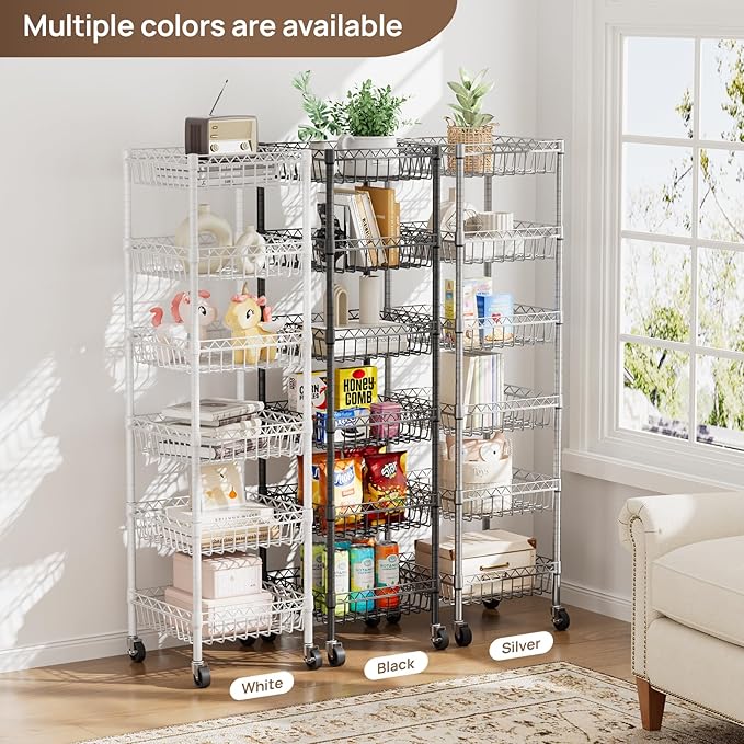 6 Shelves Storage Shelf Wire Closet Bathroom Organizers Metal Pantry Kitchen Garage Shelving Unit Laundry Room Organization Home Rack Net Basket Black with Wheels 14" Dx14 Wx64.8 H