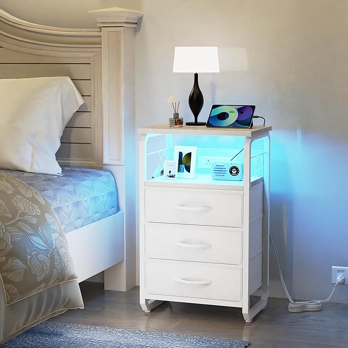 Bed Side Table with 3 Fabric Drawers, White Night Stand, LED Nightstand with Hooks, Bedside Table with Charging Station, End Table with Storage, Night Table for Living Room, Bedroom, Dorm-NeatNest