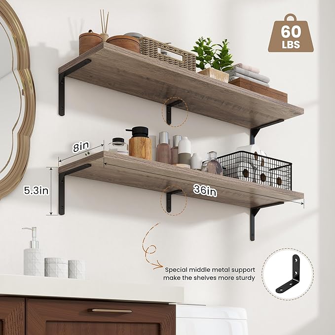 Fun Memories Deep Floating Shelves, 36W x 8D Floating Shelves Set of 2, Wall Mounted Shelf with Metal Brackets, Rustic Wood Wall Shelf for Bathroom, Kitchen and Living Room, Grey-NeatNest