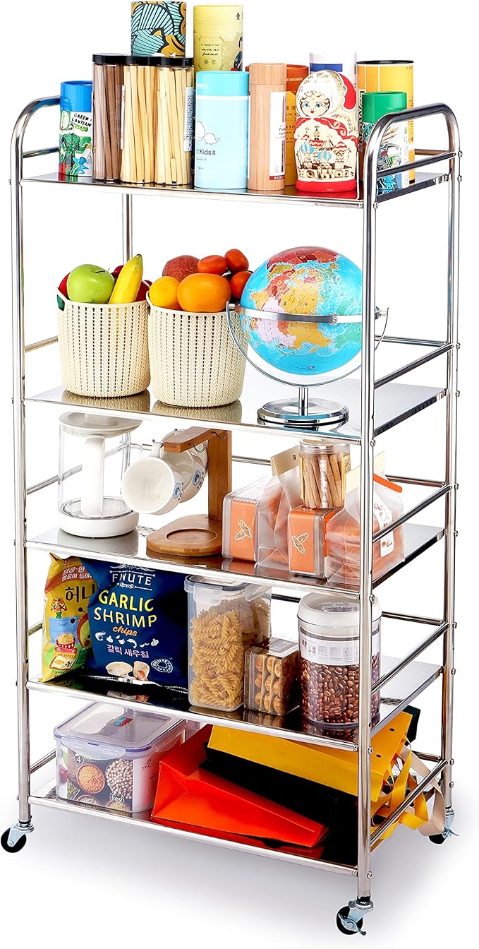 Susunnus Stainless Steel Cart with Wheels - 5 Tier, Movable, Suitable for Various Occasions, Gift Tools