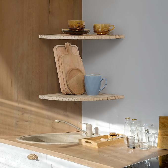 Corner Wall Shelves Set of 2, Rustic Wood Corner Floating Shelves with Cable Raceway, Wall Mount Storage Display for TV Accessories, Baby Monitor (Carbonized, Fan-shaped-10 Inch)-NeatNest