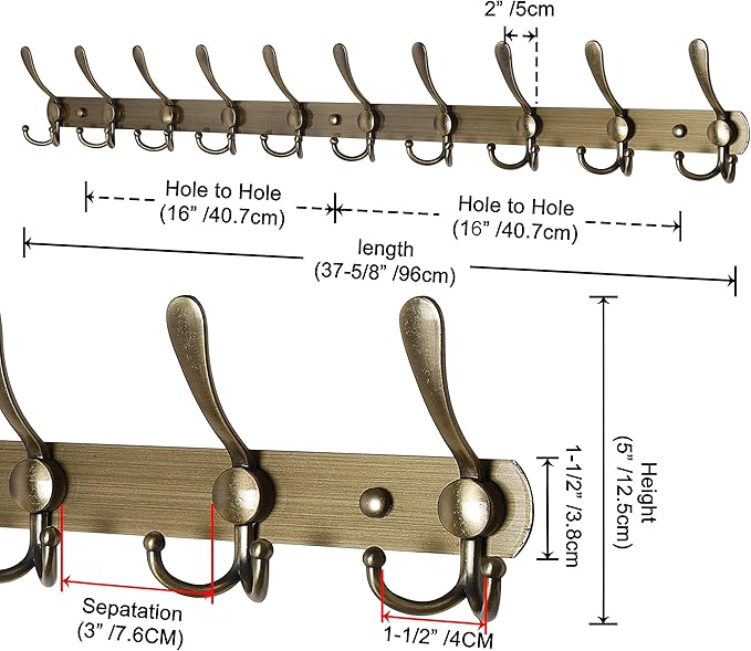 Dseap Coat Rack Wall Mount - 38” Long 10-Tri-Hooks Heavy Duty Coat Hanger Rail Wall Hooks for Hanging Coats Hats Clothing Clothes Purse Mudroom Entryway, Bronze, Pack of 2-NeatNest