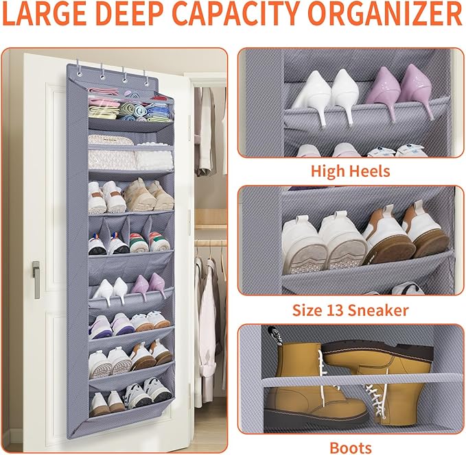 FENTEC 1 Pack Over The Door Shoe Organizer,68" Exlarge Deep Pockets Hanging Shoe Organizers, 8 Shelves Shoe Rack for Closet, Shoe Holder for Boots,Over Door Organizer in Home, RV, Dorm, Grey-NeatNest