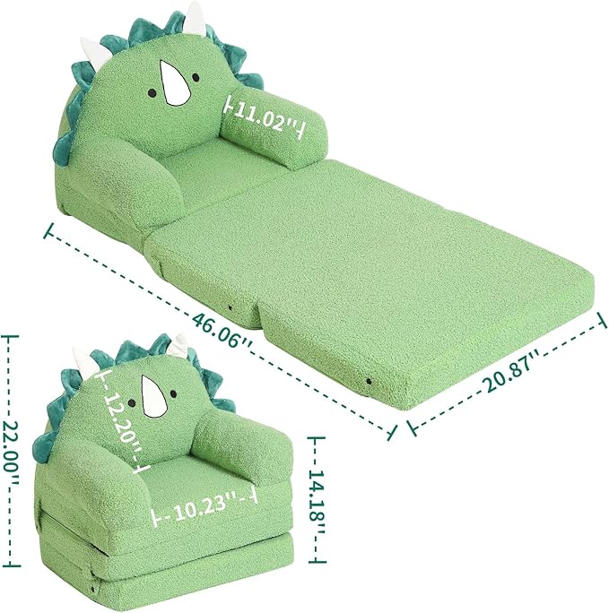 Foldable Kids Sofa, Triceratops Toddler Couch With Tri Folding Foam Cushions, Comfy Couch for Ages 18 Months and Up-NeatNest