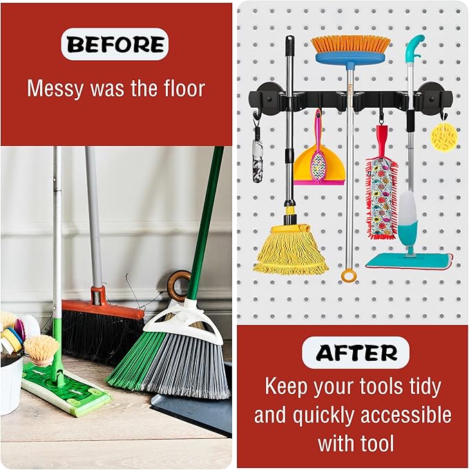 ULIBERMAGNET Magnetic Mop Broom Holder,Heavy Duty Movable Magnetic Broom Holder Rack,Anti-slip Wall Mounted Utility Storage Mop Shovel Hanger for Garage, Kitchen, Laundry, Garden(3 Racks / 4 Hooks)