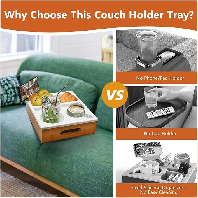 Couch Cup Holder with Bamboo Tray and Anti-Spill Silicone Liner for TV Watching Snack Trays with Cup and Remote Holder (White)-NeatNest