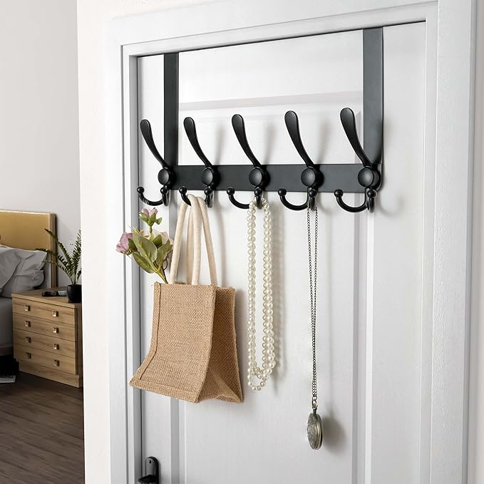 Dseap Over Door Hook 2.0 - Upgraded Version - Simple-Assembly, Strong, Heavy-Duty Stainless Steel 5-Tri-Hook Over The Door Hanger Rack, SimpleStrong Series, Black
