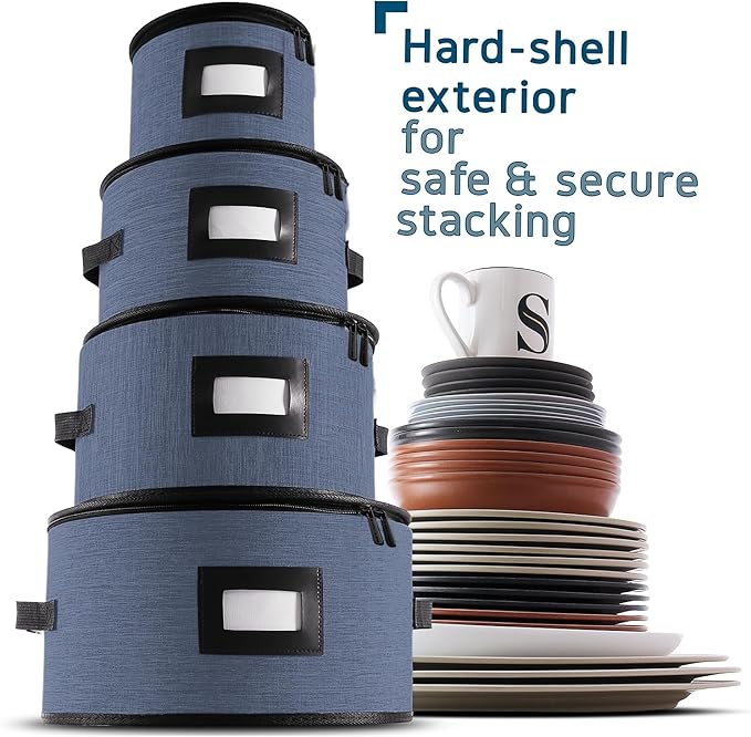 Fine China Storage Containers Hard Shell, 4 Piece Dish Storage Containers, Quilted Plate Containers, Stackable Dish Organizer with Dividers, Dinnerware Storage for Moving and Seasonal Storage, Blue-NeatNest