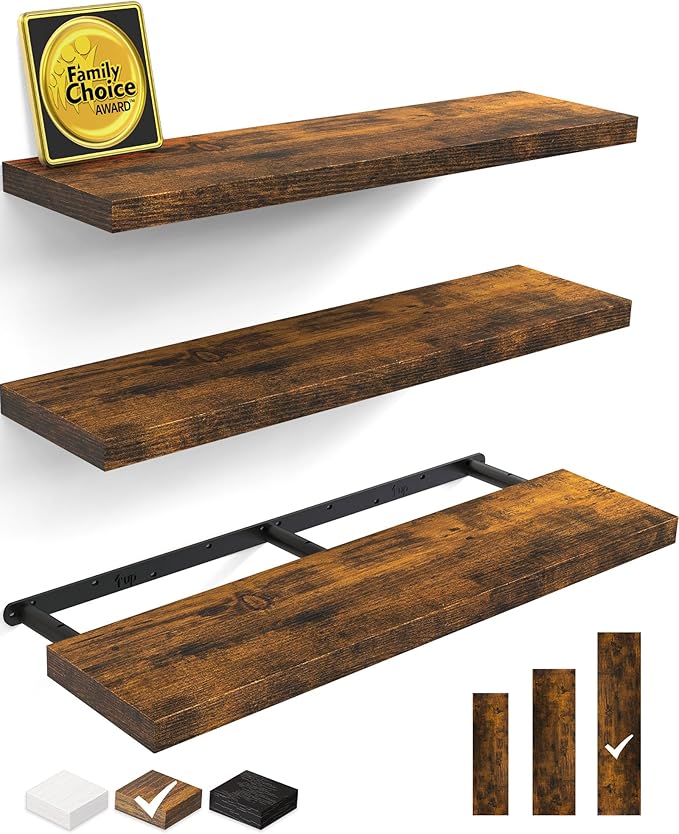 BAYKA Floating Shelves for Wall, 36 inches Wall Mounted Rustic Wood Shelves for Bathroom, Bedroom, Living Room, for Storage/Decor with 30lbs Capacity๏ผRustic Brown,Set of 3-NeatNest