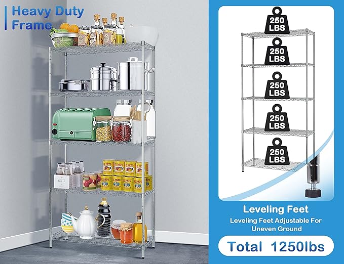 5-Tier Metal Wire Shelving Unit Snack Shelf Height Adjustable Storage Rack NSF Certified Storage Shelves 1250 Lbs Capacity Standing Utility Shelf for Laundry Kitchen Pantry Garage Organization