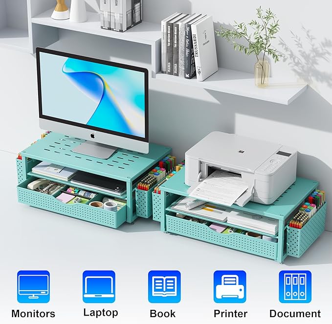 gianotter Desk Organizers and Accessories, Monitor Stand with Drawer and 2 Pen Holder, Desktop Organizer Suitable for Offices and Dormitories (Blue)-NeatNest
