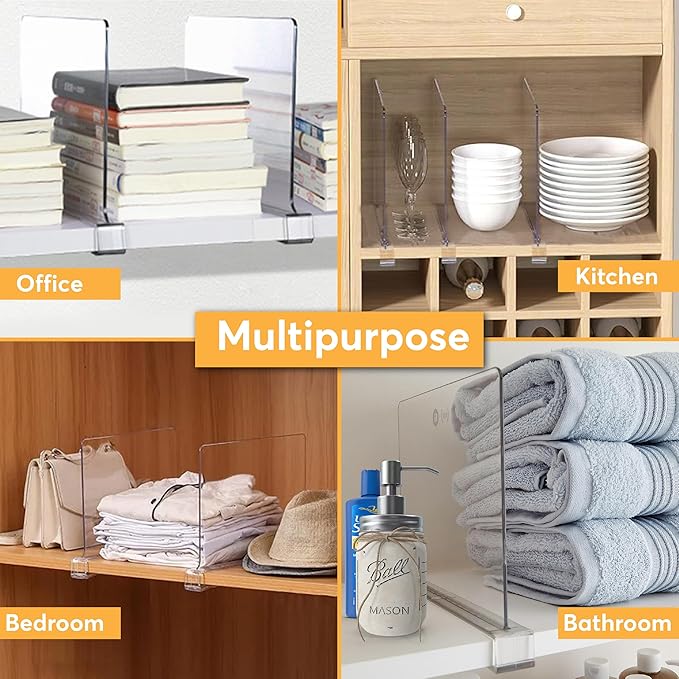 12 Pack Acrylic Shelf Dividers for Closet Organization 11x7.9 Inch โ Clear Closet Shelf Separators for Purses, Clothes & Sweater Storage โ Vertical Bookshelf Dividers for Bedroom, Office & Kitchen-NeatNest