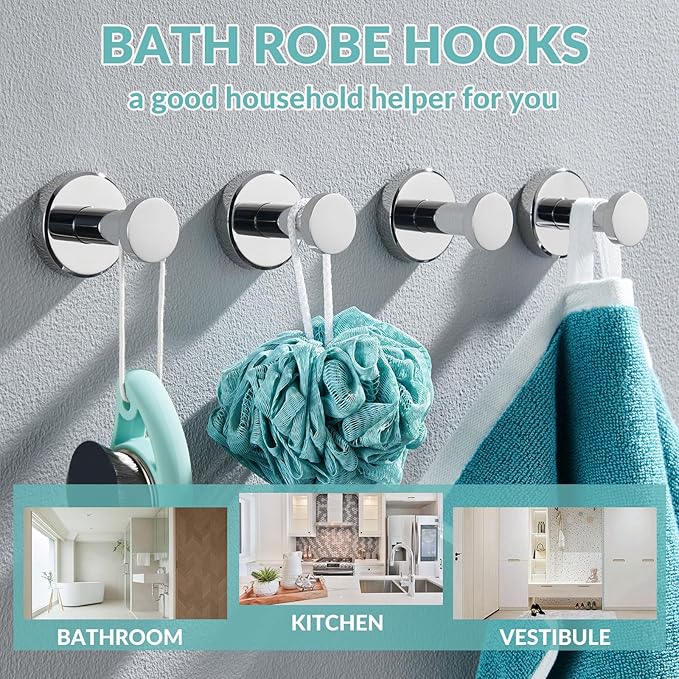 APLusee Polished Chrome Hand Towel Hook, 4 Pack 304 Stainless Steel Storage Coat Hook for Toilet Bathroom Kitchen, Home Accessories Wall Mounted