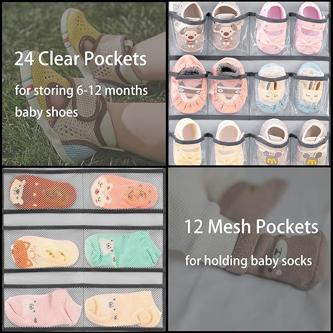 Dual-sided Hanging Baby Shoes Organizer Closet Toddler Shoe Storage Holder for Kids Bow Socks Underwear (GREY)-NeatNest