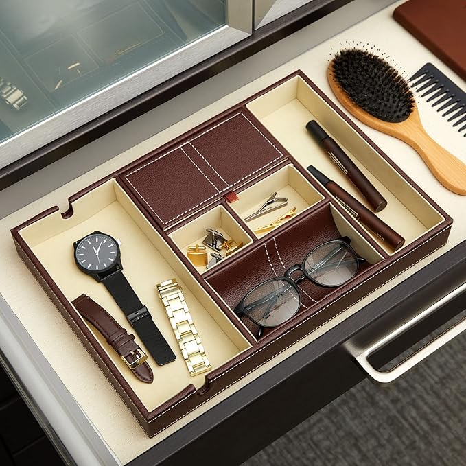 Juvale Leather Valet Catchall Tray for Men with 6 Compartments - Bedside Nightstand Organizer for Phones (Brown) - Valet Tray-NeatNest