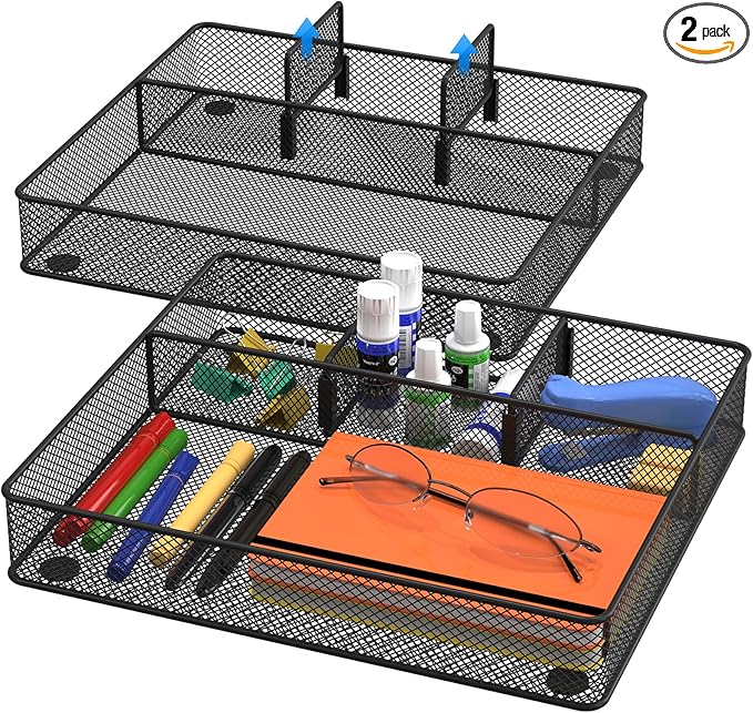 Desk Drawer Organizer Tray, Metal Mesh Drawer Organizers Office, 4 Grid with Adjustable Compartment, Desk Organizer Tray for Home Office 12x10.6x1.9 inch Black, 2 Pack-NeatNest