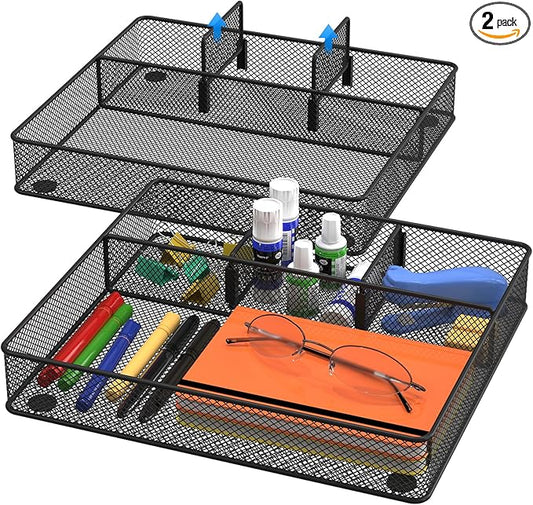 Desk Drawer Organizer Tray, Metal Mesh Drawer Organizers Office, 4 Grid with Adjustable Compartment, Desk Organizer Tray for Home Office 12x10.6x1.9 inch Black, 2 Pack-NeatNest