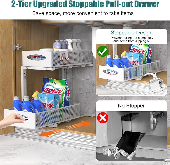 Under Sink Organizer, 2 Tier Metal Pull Out Under Sink Storage with Sliding Mesh Drawers, Height Adjustable Slide Out Under Sink Organizer for Kitchen Bathroom Cabinet, 2 Pack, White-NeatNest