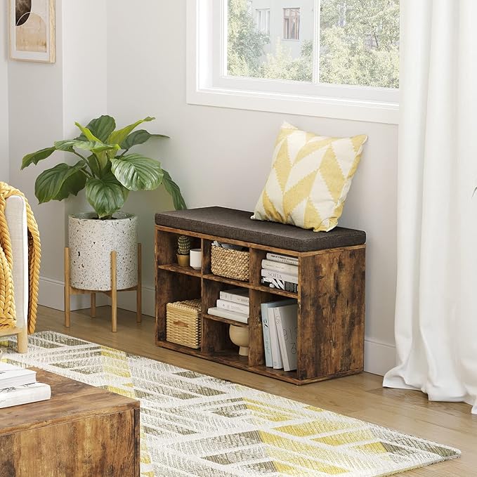 DINZI LVJ Shoe Storage Bench with Cushion, Cubby Rack with 9 Cubbies, Adjustable Shelves, Multifunctional Organizer Bench for Entryway, Mudroom, Hallway, Closet and Garage, Rustic Brown-NeatNest