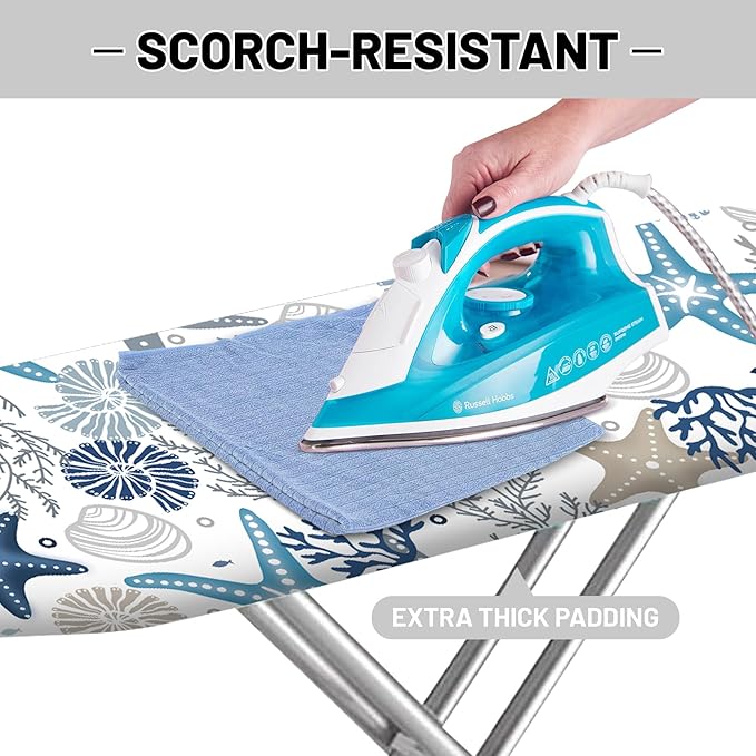 Extra Thick Ironing Board Cover and Pad, Coral Starfish Coastal 15x54 Ironing Board Cover, Resist Scorching and Staining,Elastic Edges,Nautical Blue Conch Ocean Theme
