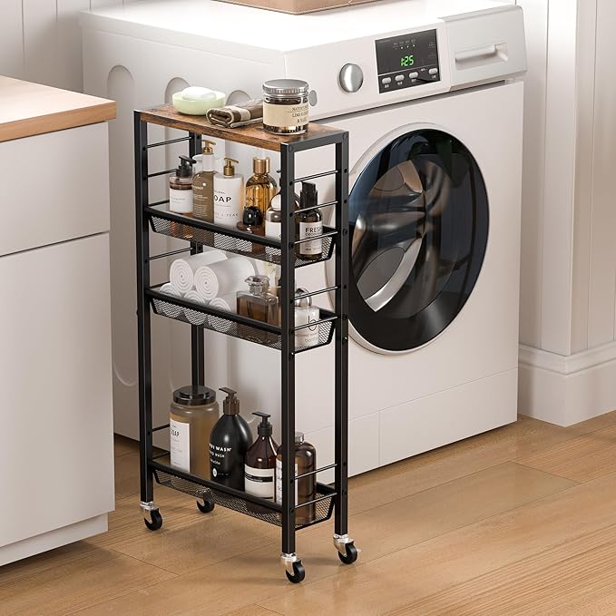 Slim Rolling Cart, 4-Tier Narrow Kitchen Storage Cart, Slim Utility Cart on Wheel, Skinny Bathroom Storage cart with Wood Tabletop, 6.0" Deep, for Kitchen, Dining Room, Living Room, Laundry Room