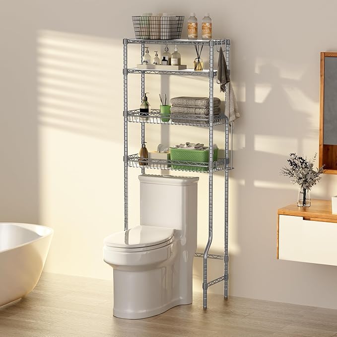 Bathroom Shelves Organizer, 4 Tier Over The Toilet Storage with Adjustable Basket and 6 Hooks, Metal Over Toilet Storage Rack for Bathroom, Fit Most Toilets, Easy to Assemble, Grey