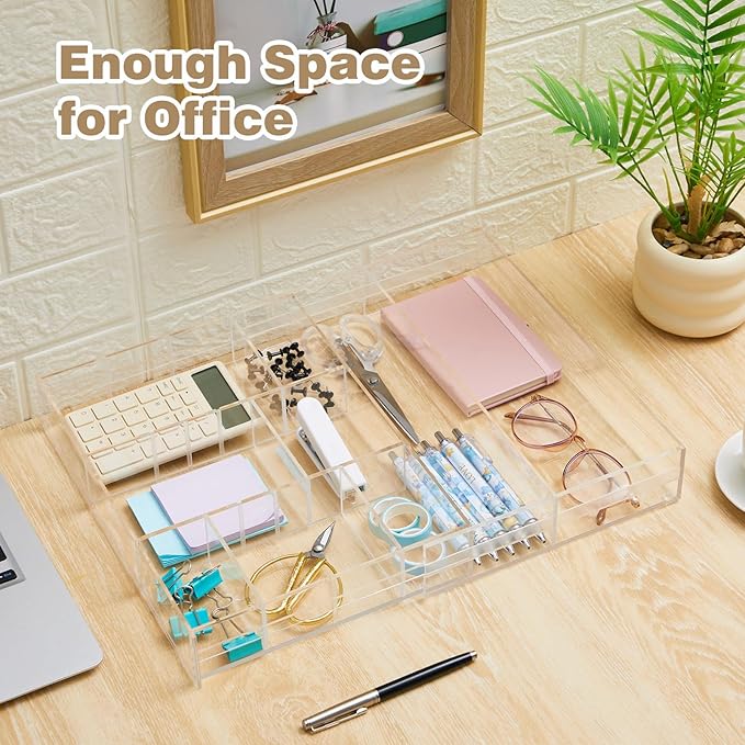 Acrylic Drawer Organizer Clear Desk Drawer Organizer Trays with Adjustable Compartments Desk Accessories for Office Stationery Makeup Silverware Bathroom(Expandable)