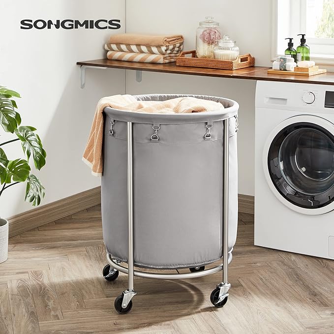 SONGMICS Laundry Basket with Wheels, Rolling Round Laundry Hamper Cart, 45 Gal. with Steel Frame and Removable Bag, 4 Casters and 2 Brakes, Gray and Metallic Silver URLS001G01