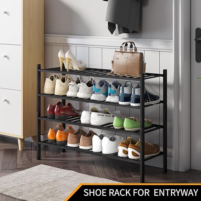 Long Shoe Rack, 4-Tier Bamboo Stackable Shoe Shelf Storage Organizer, Shoe Stand for Closet, Entryway and Hallway(Black)-NeatNest