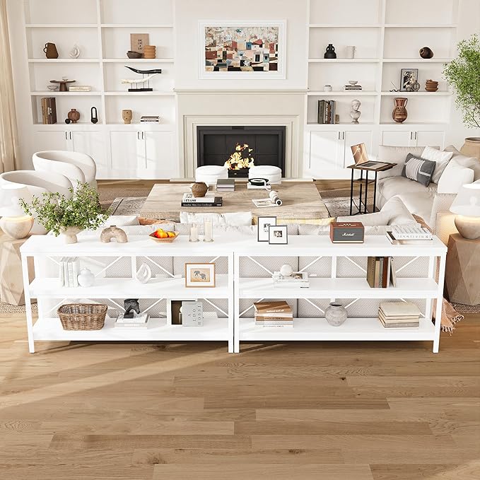 karlott 3-Tier Console Table, 55.1" Entryway Table with Metal Frame and Open Shelves, Modern Behind Couch Sofa Table for Living Room, Hallway, Foyer, Entrance, Industrial, Bookshelf, White-NeatNest