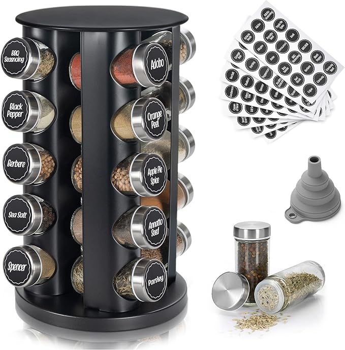 Black Countertop Revolving Spice Rack, Empty 20-Jars Rotating Spice Rack Organizer, Round Carousel Tower, 135 Spice Labels with Funnel Complete Set, for Kitchen Countertop, Cabinet-NeatNest