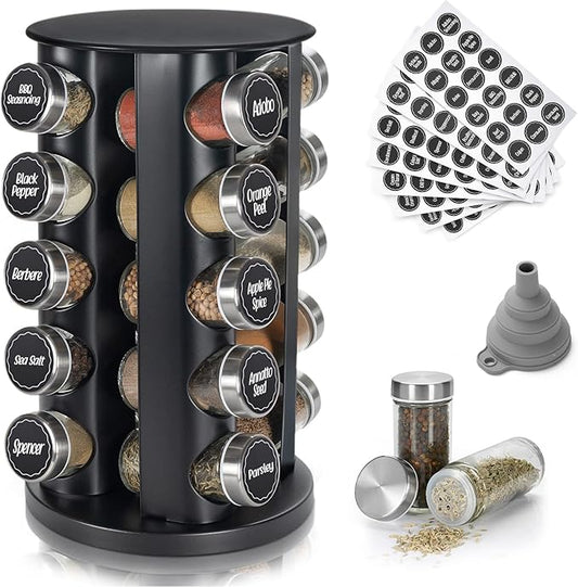 Black Countertop Revolving Spice Rack, Empty 20-Jars Rotating Spice Rack Organizer, Round Carousel Tower, 135 Spice Labels with Funnel Complete Set, for Kitchen Countertop, Cabinet-NeatNest