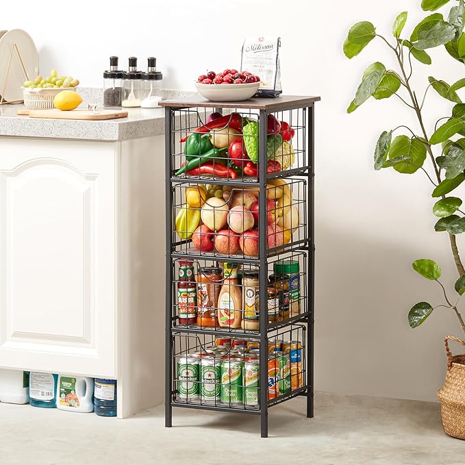 5-Tier FreeStanding Storage Shelves with 4 Pull-Out Baskets,Bathroom Organizer Shelves Unit with WoodTop,Fruit Basket for Kitchen,Storage Tower Organizer Basket Cart for Bathroom,Black