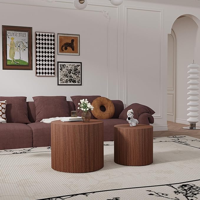 Round Nesting Coffee Table Set of 2 Modern Walnut Round Coffee Table Small End Table Side Table Circular Coffee Tables Circle Nested Coffee Tables for Living Room (Walnut)