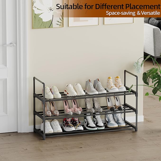 Metal Shoe Rack, 3-Tier Shoe Organizer with Adjustable Shelf Height, Sturdy Shoe Storage Shelf, Perfect for Front Door Entrance, Closet & Entryway, Easy to Assemble, DIY Layering Options (S - 3 Tier)-NeatNest