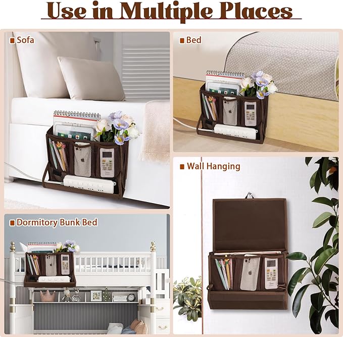 Bedside Storage Organizer with Power Strip Holder and Adjustable Straps Bed Hanging Bag for Home Bunk Bed Dorm Sofa (Brown)-NeatNest