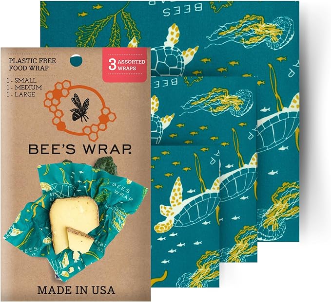 Bee's Wrap Beeswax Wraps for Food - Ocean 3 Pack (S, M, L) Made in USA Reusable & Organic Food Wraps, Sandwich Wrap & Bowl Covers - Eco-Friendly Alternative to Aluminum Foil & Plastic Wrap-NeatNest
