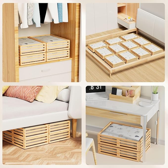 Bamboo Under Bed Storage Containers- Underbed Organizer with Wheels with Large Capacity Dust Bag,Sturdy Wood Rolling Under Bed Shoe Storage Organizer 2 Packs (Nature, 2 Packs (23.62"×16.54"))-NeatNest