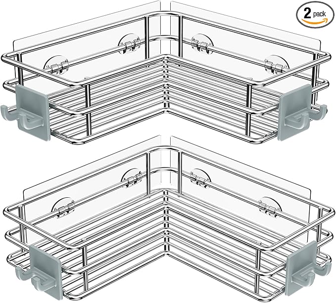 Nieifi Corner Shower Shelves Stainless Steel, Adhesive Shower Caddy Basket Rack with Hooks, Rust Proof for Bathroom Shelf Shampoo Holder (Silver, 2 Pack)