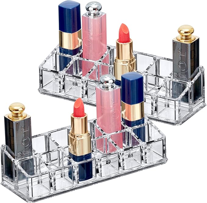 Amazing Abby - Glamour - 2-Pack 12-Slot Acrylic Lipstick Organizer, Lipstick Holder, Lip Gloss Holder, Cosmetic Storage Display, Perfect Storage Solution for Drawer and Vanity (Slot Size: 0.9" x 0.9")-NeatNest