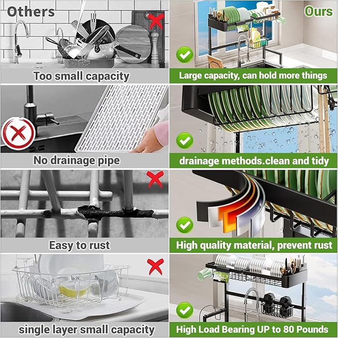 Over The Sink Dish Drying Rack (Expandable Height and Length) Snap-On Design 2 Tier Large Dish Rack (23" - 34" L x 11" W x 19" - 21.5" H)