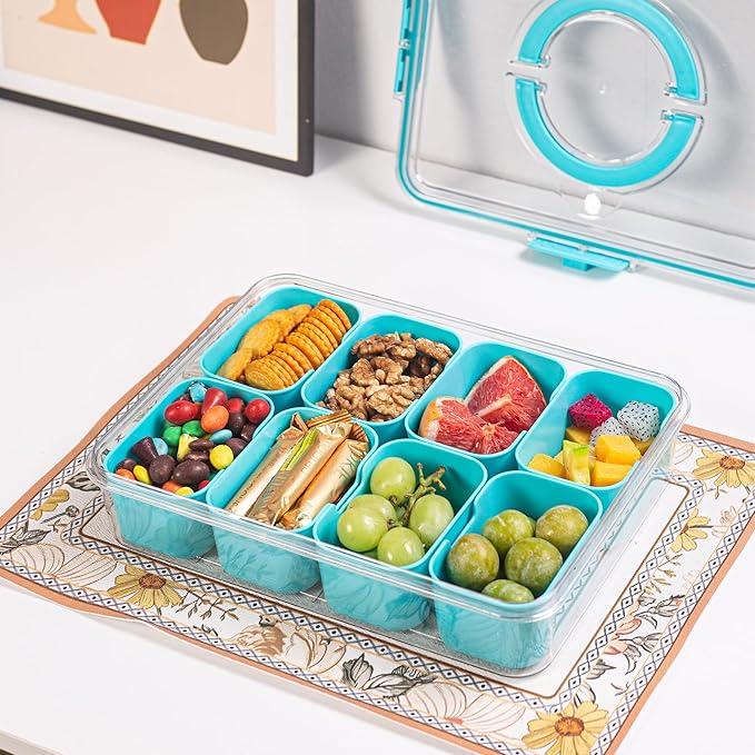 Divided Serving Tray with Lid and Handle - Snackle Box Charcuterie Container for Portable Snack Platters Organizer for Candy, Fruits, Nuts, Snacks - Perfect for Party, Entertaining, Lake blue-NeatNest