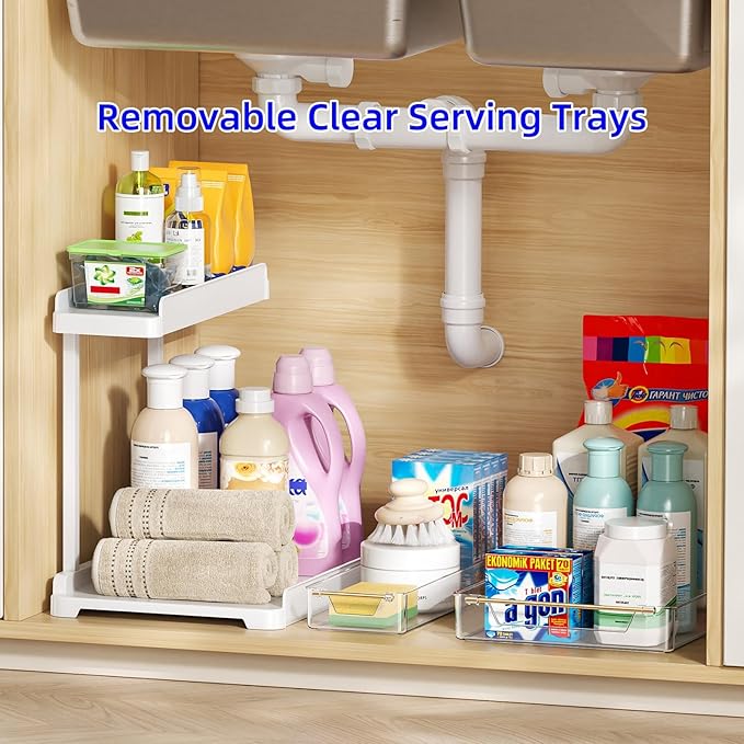 heart & home 2-Pack Under Sink Storage Organizer for Kitchen & Bathroom Cabinets with Removable Washable Tray, Tool-Free Assembly – Multi-Purpose for Countertop, Laundry & Vanity, White-NeatNest