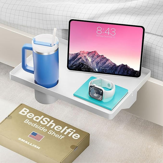 BedShelfie Bedside Shelf for Bunk Bed & Top Bunk, College Dorm Room Essentials, Clip On Nightstand, Bed Side Table Tray Organizer - Cup Holder, White-NeatNest