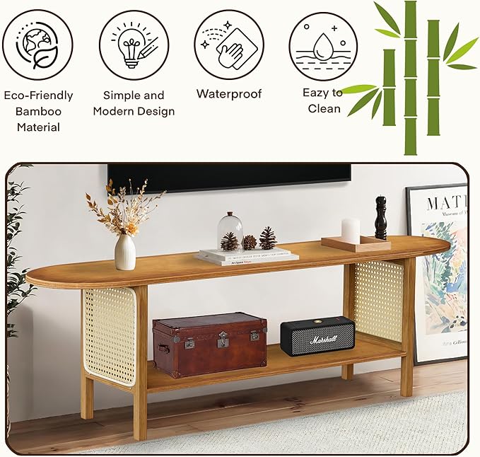 Bamboo TV Stand for TVs up to 65", Accent Entertainment Center with Storage, Media Console Table with Rattan, Modern TV Stand for Living Room, Bedroom, 55"(L), Walnut-NeatNest