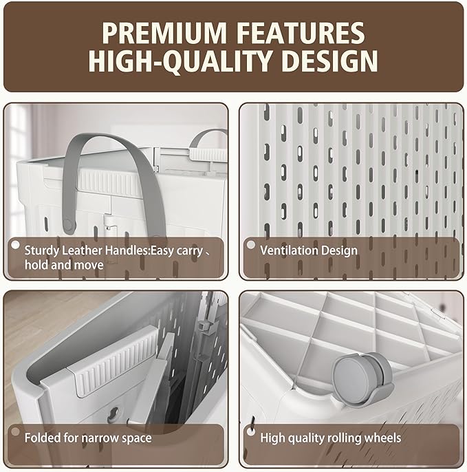 UAK Laundry Basket with Wheels, Collapsible Plastic Laundry Hamper with Handle, Foldable Laundry Basket Organizer for Laundry and Bathroom (Light Grey, XXL)