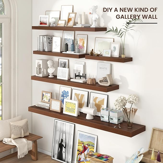 Floating Shelves for Wall, 48"W x 9"D x 1.5"H, 2 Pack of Long Wall Mounted Engineered Wood Shelves with Invisible Brackets for Living Room, Bedroom, Bathroom, Kitchen Decor and Storage, Walnut-NeatNest