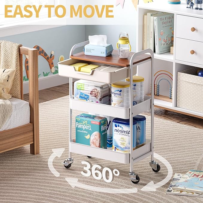 TOOLF 3-Tier Metal Utility Rolling Cart with Drawer & Wooden Table Top, Storage Cart White Trolley Kitchen Organizer Rolling Desk with Locking Wheels for Office, Classroom, Dorm, Bedroom-NeatNest